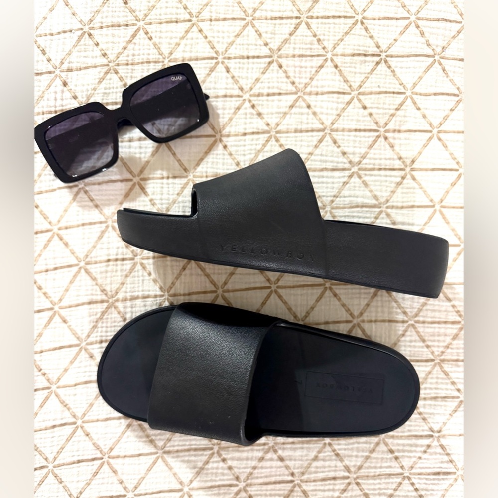 Yellow Box Black Slide Sandals